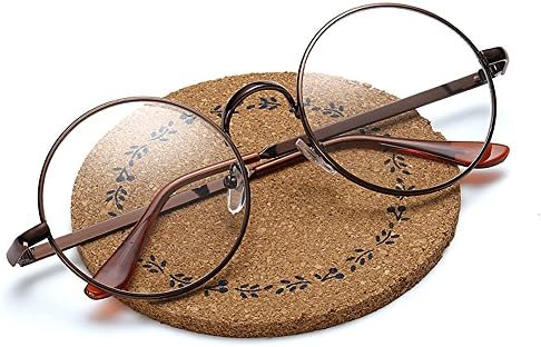 SEADEAR Fashion Retro Metal Round Glasses Frame with 702 Flat Mirror/Decorative Mirror Circle Frame Clear Lens Glasses Brown