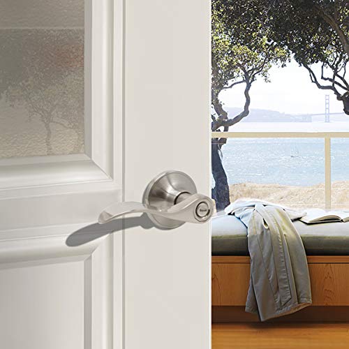 Interior Doors Wave Style Privacy Door Levers with Conteporary Satin Nickel Finish, Reversible for Right or Left Handed Doors, Keyless Drop Door Lockset for Bedroom Bathroom-3Pack