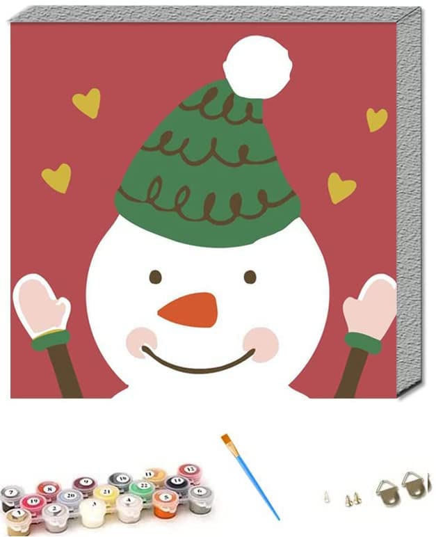 ABEUTY Paint by Numbers for Children Kids, Snowman with Christmas Hat 25x25 cm Number Painting with Frame