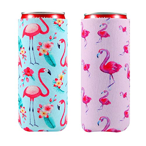 Creatyi 2 PCS Colourful Neoprene Beer Cooler Beer Coolies Beer Holders Perfect for 12oz Slim Drink Beer Cans (Pink Bottom Flamingo + Blue Bottom Flamingo)