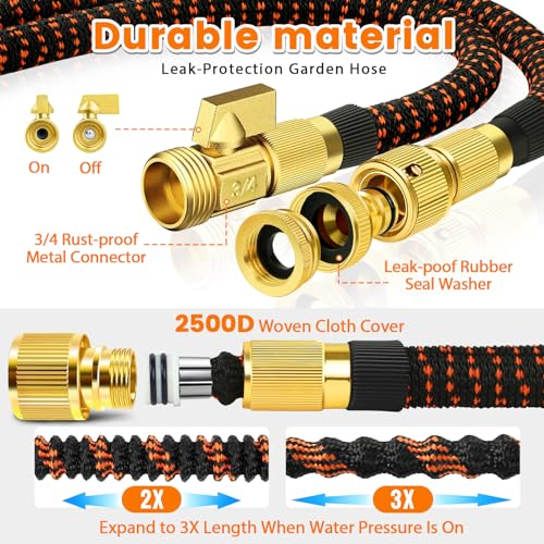 SKYAYA 100FT Expandable Garden Hose Pipe, Flexible Hosepipe for Lawn Expanding Retractable with 10 Function Spray Gun Nozzle, Magic Water Hose Attachments 3/4"& 1/2" Solid Brass Connectors, Anti-Kink