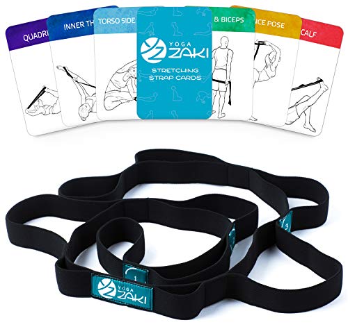 Yoga Stretching Strap with Multi-Loops – Elastic Stretch Strap for Yoga, Fitness, Physical Theraphy, Pilates with Set of Yoga Cards and Carry Bag