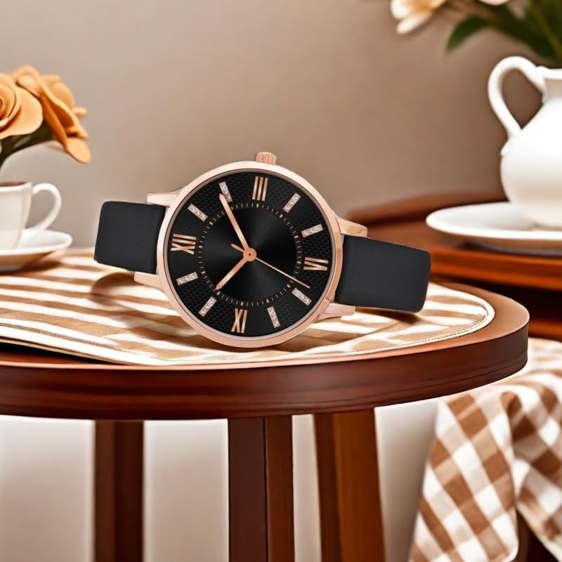 NUOVO Elegante Damenuhr mit schwarzem Lederarmband, Zifferblatt mit Diamanten und Rosegold-Akzenten