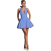 Richlylian Women's Cotton Jacquard mini Dress - Fit and Flare V-Neck Halter Bowknot Sexy A Line Club Party Going Out Dresses