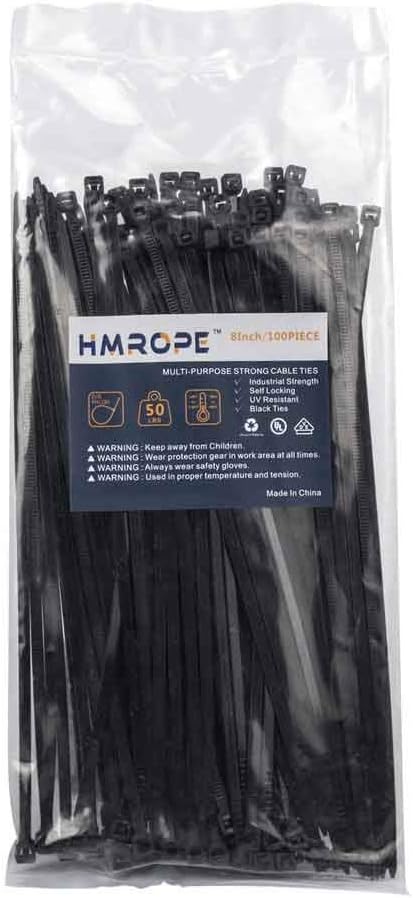 Hmrope 100pcs Cable Zip Ties Heavy Duty 8 Inch, Premium Plastic Wire Ties with 50 Pounds Tensile Strength, Self-Locking Black Nylon Tie Wraps for Indoor and Outdoor: Home Improvement
