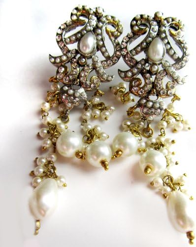Chandelier EARRINGS .Pearl ,White Gold Plated Kundan, bridal Jewelry
