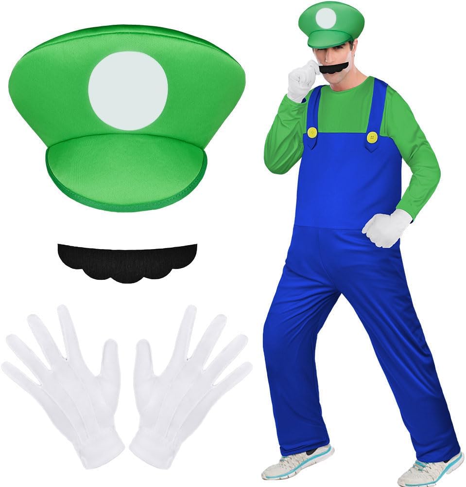 Aomig Super Plumber Costumes 4 Pack Brothers Workman Cosplay Kit Green