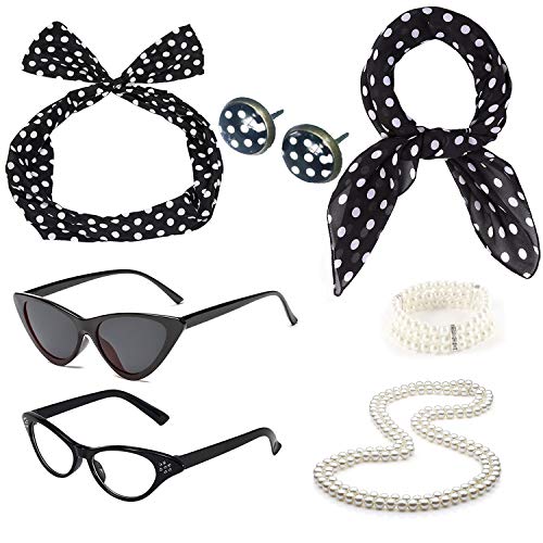 50's Costume Accessories Set Chiffon Scarf Cat Eye Glasses Bandana Tie Headband and Earrings (OneSize, Black/White2)
