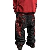 Ethbox Men's Hip-hop Retro Skull Embroidered Washed Denim Pants Y2K Jeans Gothic Straight Tube Loose Wide Leg Pants