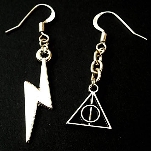GenericLightning Bolt and Deathly Hallows Charms Asymmetric Earrings, Teacher Bookworm Geek Magic Fan Gift