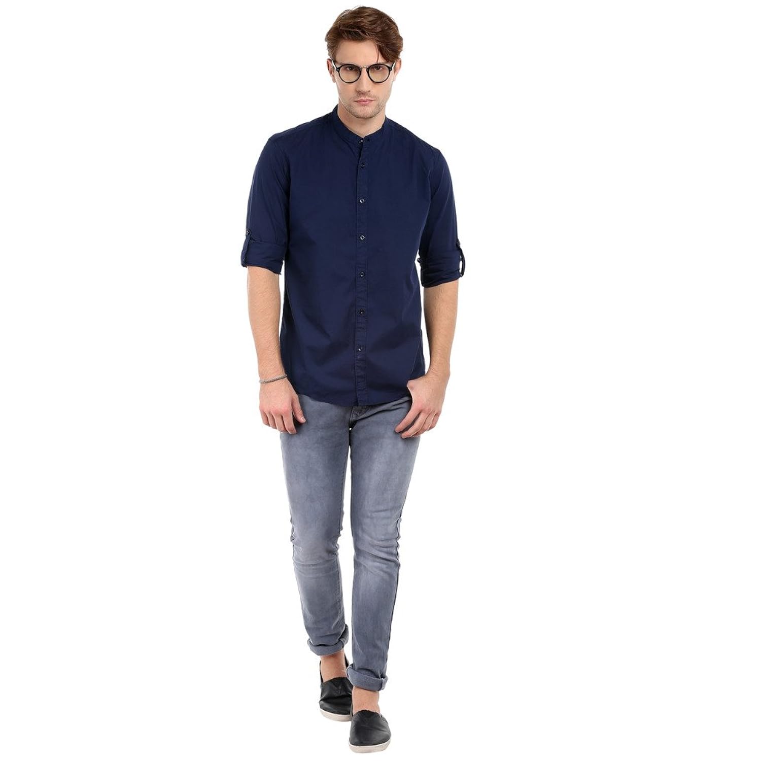 dennis lingo men's solid casual full sleeves navy blue cotton shirt