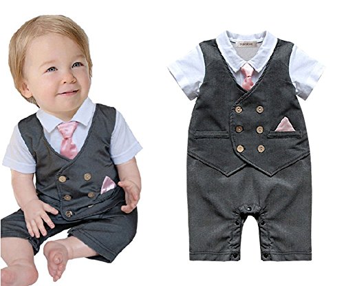 Stylesilove baby boy pink tie tuxedo special event grey romper (2…