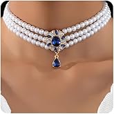 Xerling Vintage 1920s Faux Pearl Choker Necklaces 3 Tiers Imitation Pearl Chains Blue Rhinestones Pendant Necklace Flapper Costume Jewelry Necklaces for Women