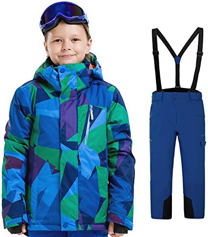 YFCH Kids 2Pcs Hooded Thicken Pattern Printed Snowproof Outdoor Ski Suits Waterproof Ski Jackets with Pants