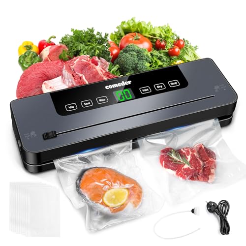 comeder 6 in 1 Vacuum Sealer Machine, 30cm Longer Seal Food Sealer with 50Pcs Vacuum Sealer Bags for Vac/Seal/Rice/Wet/Dry Mode, Built-in Cutter and Visible LED Digital Countdown Display, UK Plug