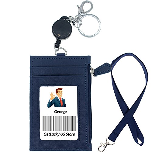Badge Holder with Zipper,Boarding Pass Holder,2-Sided PU Leather ID Badge Holder with Retractable Badge Reel & Easy Clasp Keychain,1 ID Window 4 Card Slots 1 Zipper Pocket, 17.8â€ Neck Lanyard (Blue)