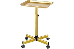 HSONBIUTY Salon Tray on Wheels, Gold Salon Tray Cart with Adjustable Height, Metal Service Instrument Storage Tray for Salon&Home Use