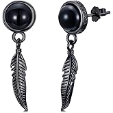 Cargari Black Dangle Drop Earrings 925 Sterling Silver Black Onyx Stud Earrings Viking Rune Jewelry Gift for Women Men