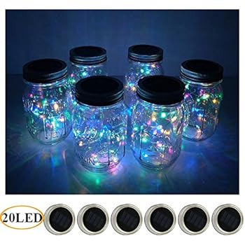 6 Pack Mason Jar Lights 20 LED Solar Colorful Fairy String Lights Lids Insert for Patio Yard Garden Party Wedding Christmas Decorative Lighting Fit for Regular Mouth Jars