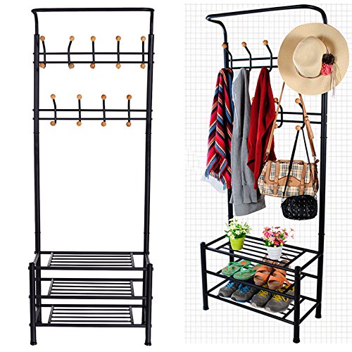 Fast Multi-Purpose Garment Rack Heavy Duty Coat Clothes Stand with 3-Tier Shoes Rack & Hanger Bar (Black)