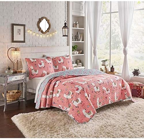 TN 3 Piece Girls Cream Light Pink Llama Themed Quilt Full Queen Set, Cute Teal Blue Lama Bedding Diamond Shaped Pattern Indie Llamas Sun Florals, Reversible Cotton