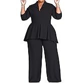 Volemo Women's Plus Size Two Piece Sets Long Sleeve Zip Up Peplum Jacket Wide Leg Pant Suits Dressy Business Casual Outfits