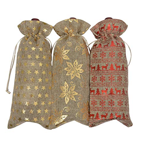 Jute Wine Bags Burlap Wine Bottle Carrier with Drawstring for Wedding Housewarming Party, 6 Pack (Christmas) - Thumbnail 4