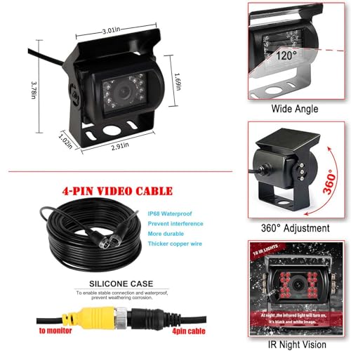 4Pin 12V-24V Vehicle Backup Camera System 7 Inch TFT LCD HD Color Monitor +18 IR Night Vision Waterproof Reverse Rear View Camera for Truck/RV/Trailer/Bus