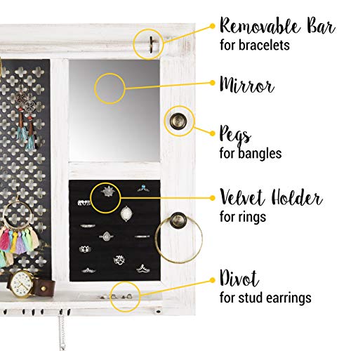 SoCal Buttercup Deluxe Rustic Jewelry Organizer Wall Mounted Wooden Jewelry Display from Organizer for Earrings/Necklaces/Bracelets/Studs/Accessories
