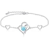 RIVIKO Love Heart Charm Bracelet For Women 925 Sterling Silver With Zirconia Birthstone Bracelets Adjustable Link for Mother Wife Sister Birthday Christmas Day Anniversary Jewelry Gift