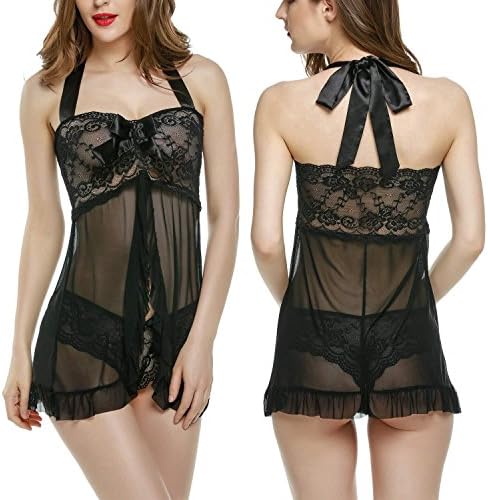Women Nightwear Sexy Halter Lace Strap Chemise Babydoll Lingerie Set (Black L)