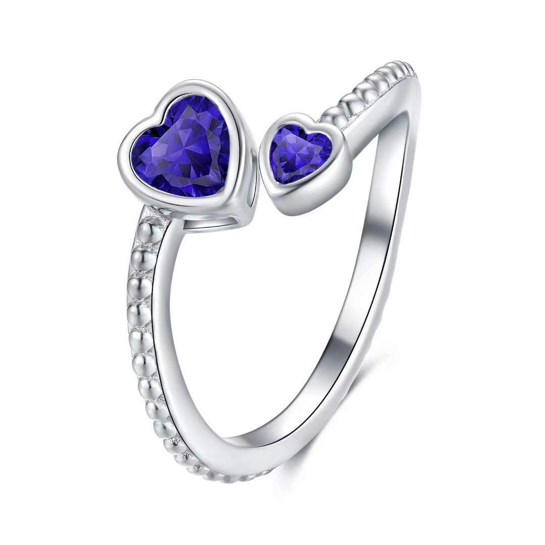 Qings Forever Love Heart Birthstone Ring for Women 925 Sterling Silver,September Sapphire Birthstone Rings,Jewelry Gift Birthday Gift for Mom Women Wife Girls