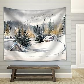 Winter Landscape with Mountain Village Covered with Snow. Picture Created with Watercolors on Paper. - Fabric Wall Tapestry Home Decor - 51x60 inches