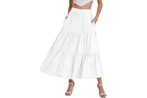 Bloggerlove Women’s Summer Boho Elastic Waist A-Line Beach Flowy Swing Ruffle Hem Tiered Maxi Skirt with Pockets