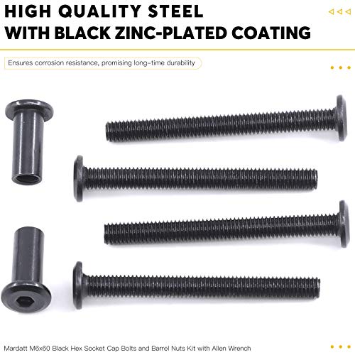 Mardatt 12Sets M6x60mm Black Hex Socket Cap Bolts and Barrel Nuts