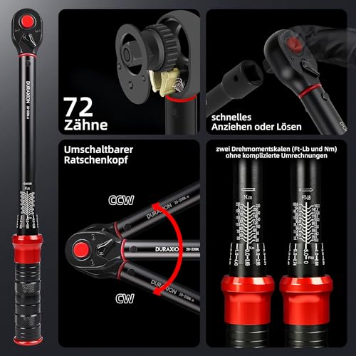 DURAXION 9-piece torque wrench set 1/2 inch, 3/8 inch, 1/4 inch, ±3% error accuracy, 72 teeth, small torque wrench 20-230 Nm, 5-70 Nm, 1-26 Nm, for tyre change, car, bicycle, motorcycle, truck, NKW