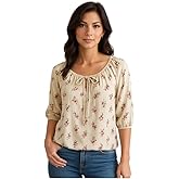 Star Vixen Women's 3/4 Sleeve Peasant Elastic-Hem Keyhole-tie Top, Cream Floral, PXL