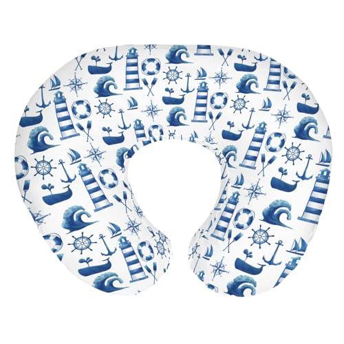 Navy White Nautical Marine Baby Nursing Pillow Covers for Boy Girl Lighthouse Compass Anchors Whale Nursing Pillowcase for Breastfeeding Pillows Sailing Adventure Soft Stretchy Slipcover for Newborn