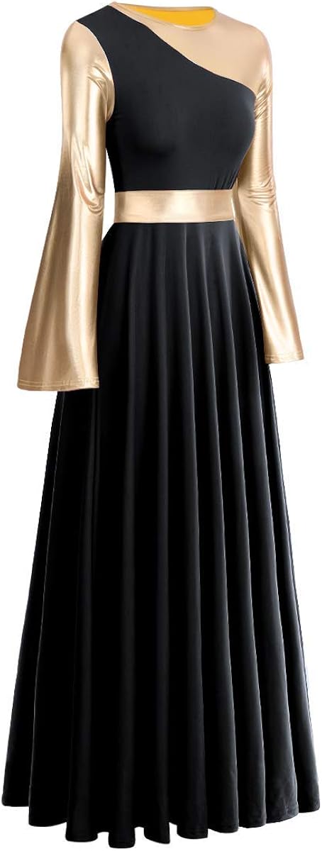 IBAKOM Liturgical Praise Dance Worship Long Dress for Women Metallic Gold Color Block Loose Fit Full Length Church Dancewear: Clothing