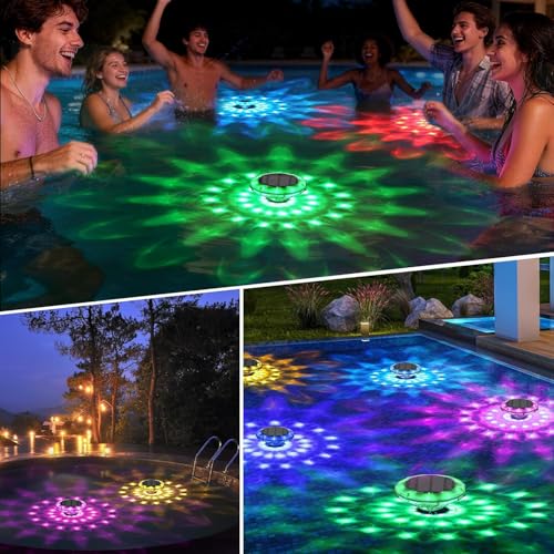 Quntis Floating Pond Lights Solar Powered, 2Pcs Submersible Swimming Pool Lights with Remote and 16hours RGB Multicolor 12 Modes 360° Lightshow, IP68 Waterproof Underwater Lights for Bath Hot Tub Spa