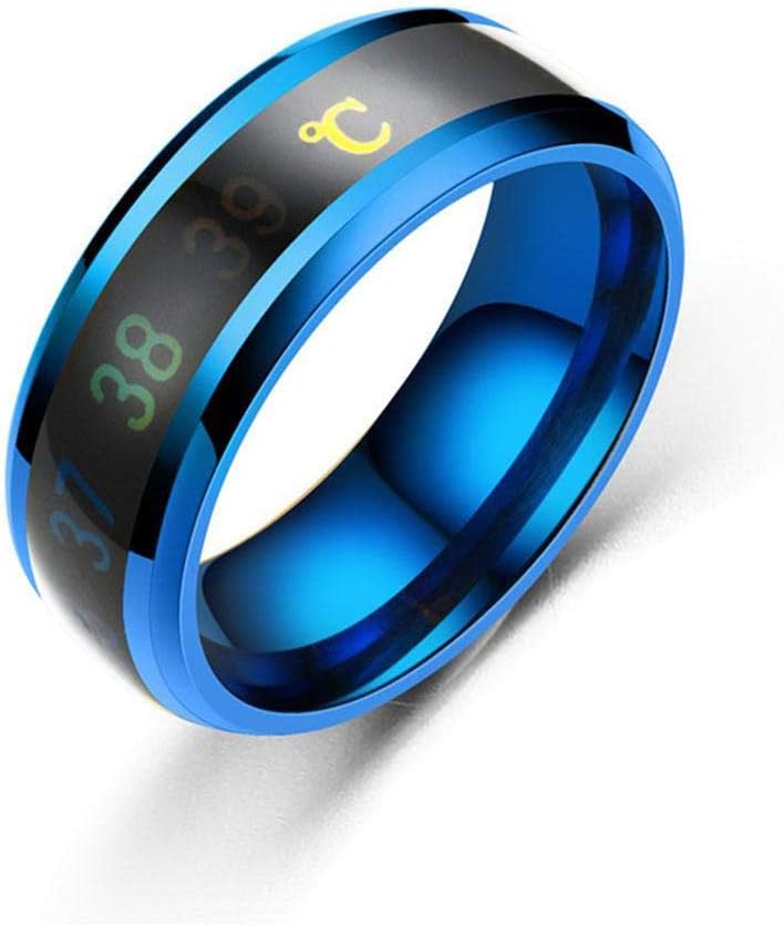 JXFS Temperature Monitor Rings, Digital Thermometer Body Temperature Sensor Smart Rings Wedding Couple Lovers Rings, Suitable Size Titanium Steel Wave Rings-blue-10#