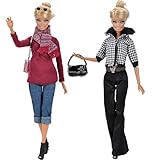 E-TING 2 Set Fashion Doll Clothes Casual Wear Coat Tops Blouse Pants Trousers Red Dress Handbag Shoes for Barbie Dolls