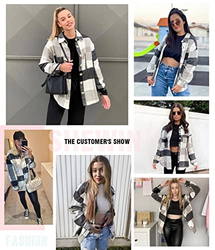 SHEWIN WOMENS CASUAL FLANNEL PLAID SHIRTS LONG SLEEVE LAPEL CASUAL BUTTON DOWN SHACKET JACKET FALL FALL OUTFITS WOMEN TRENDY,US 16-18(XL),GREY