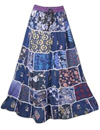 Women's Maxi Skirt Printed Patchwork Blue Bohemian Long Skirt S/M