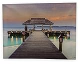 Beach Canvas Wall Art - LED Lighted Print with a Dock Pathway to a Tiki Hut and The Ocean - Seaside Setting Wall Art