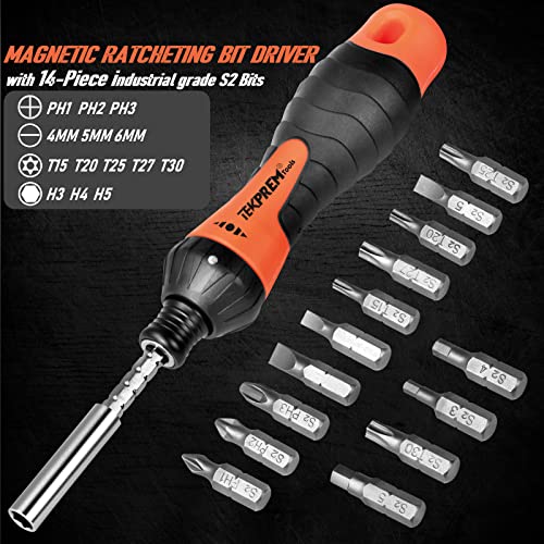 Magnetic Ratchet Screwdriver Bit Set, TEKPREM 15 in 1 Flexible Household Ratcheting Handle Screw Driver Set with Torx, HEX, Phillips and Flathead S2 Multi Bits Set in Plastic Case