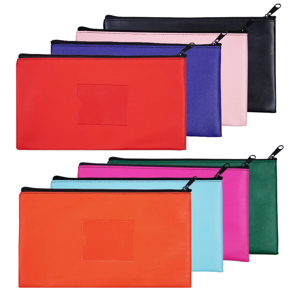 soonbuy Zipper Bank Bags, 8 Pack Money Pouch Bank Deposit Bag, 8 Colors Zipper Security Bank Deposit Bag, PU Leather Cash and Coin Pouch for Cash Money, Cosmetics