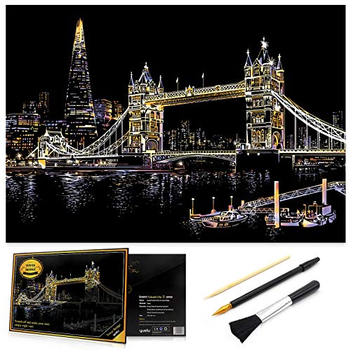 Scratch Art Rainbow Painting Paper, Sketch Pad DIY Night View Scratchboard for Kids & Adults, Engraving Art & Craft Set, Scratch Painting Creative Gift, 16'' x 11.2'' with 3 Tools (Tower Bridge)