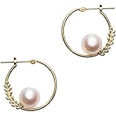 Japanese 7.0mm Akoya Cultured Pearl Hoop Earrings for Women with 18K Yellow Gold | Elegant Design Excellent Gift | Pearl Earrings hoops