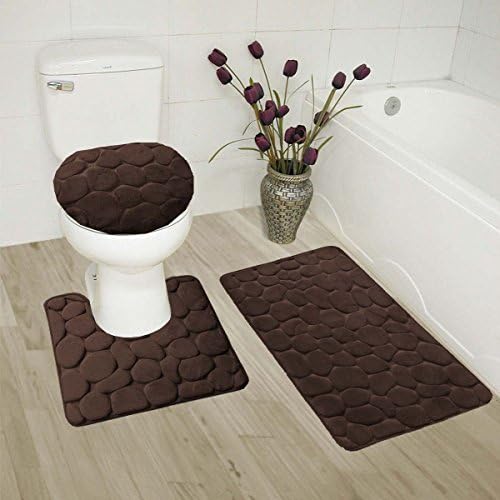 (BST3) ROCK New Bathroom Collection 3PC Set Memory Foam Bath Mat Contour Rug and Round Lid Cover Antislip Bathroom Assorted (Coffee)
